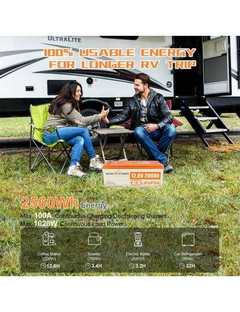 SUNHOOPOWER 12V 200Ah LiFePO4 Batteria energia 2560Wh BMS 100A integrato potenza di carico max. 1280W IP68 Saldi