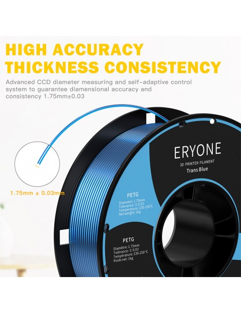 ERYONE PETG Filamento per stampante 3D 1 75mm Tolleranza 0 03mm 1KG(2.2LBS)/Spool - Blu trasparente Vendita Calda