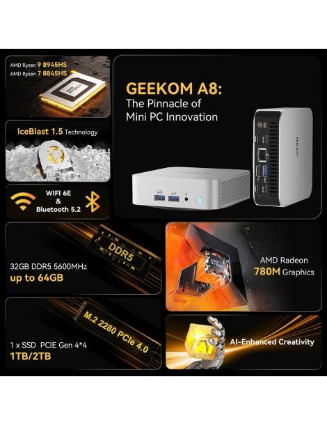 GEEKOM A8 AI Mini PC AMD Ryzen 9 8945HS 8 Core Max 5.2GHz 32GB DDR5 RAM 2TB SSD Moda