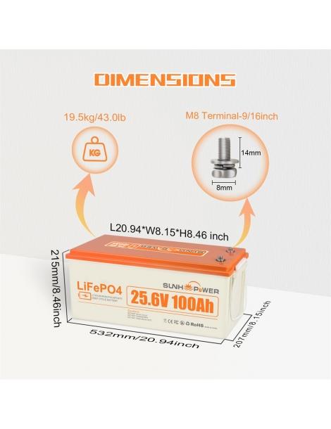 SUNHOOPOWER 24V 100Ah LiFePO4 Batteria energia 2560Wh BMS 100A integrato potenza di carico max. 2560W IP68 Nuovo
