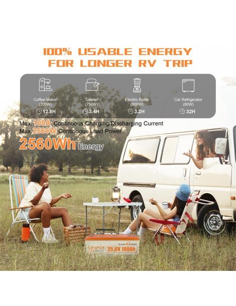SUNHOOPOWER 24V 100Ah LiFePO4 Batteria energia 2560Wh BMS 100A integrato potenza di carico max. 2560W IP68 Nuovo