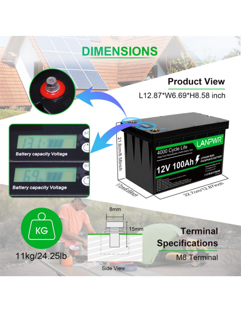 LANPWR Batteria di backup 12V 100Ah LiFePO4 1280Wh di energia 4000 cicli profondi Hotsell