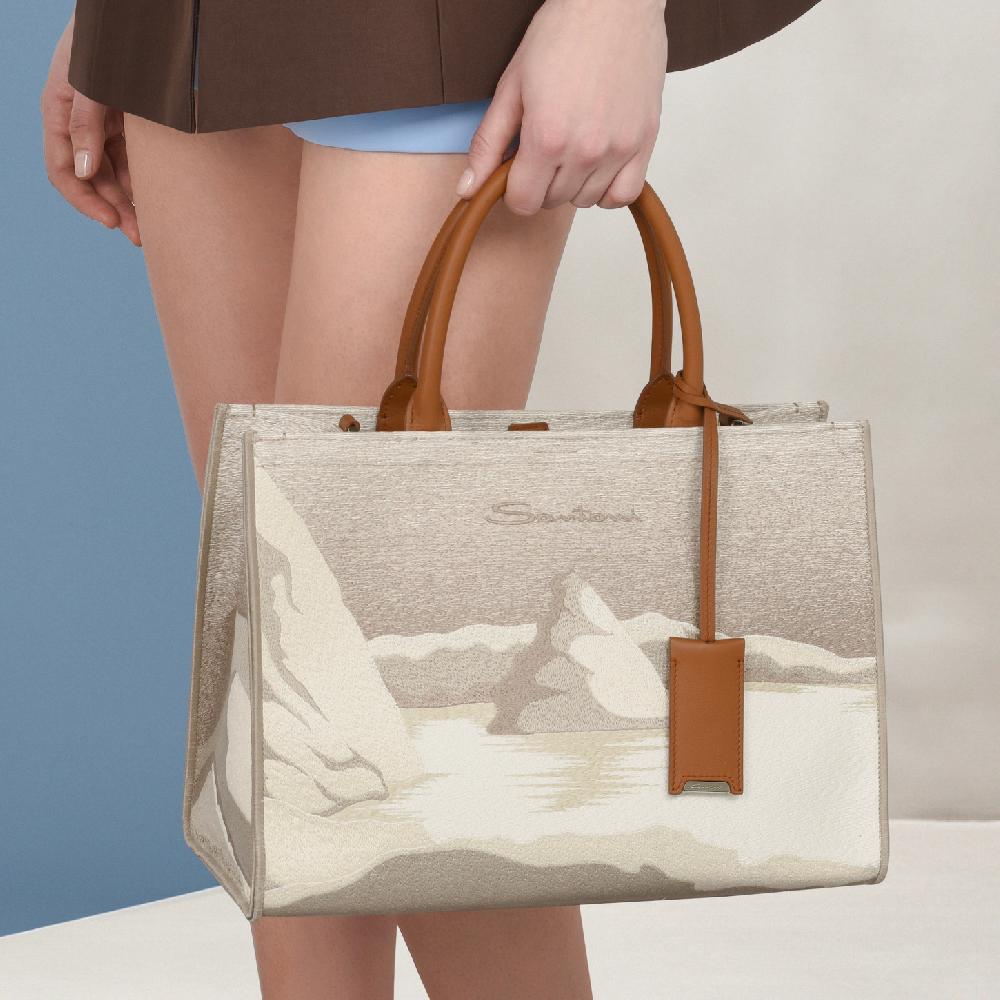 Santoni Borsa tote media in tessuto beige Pezzi Unici