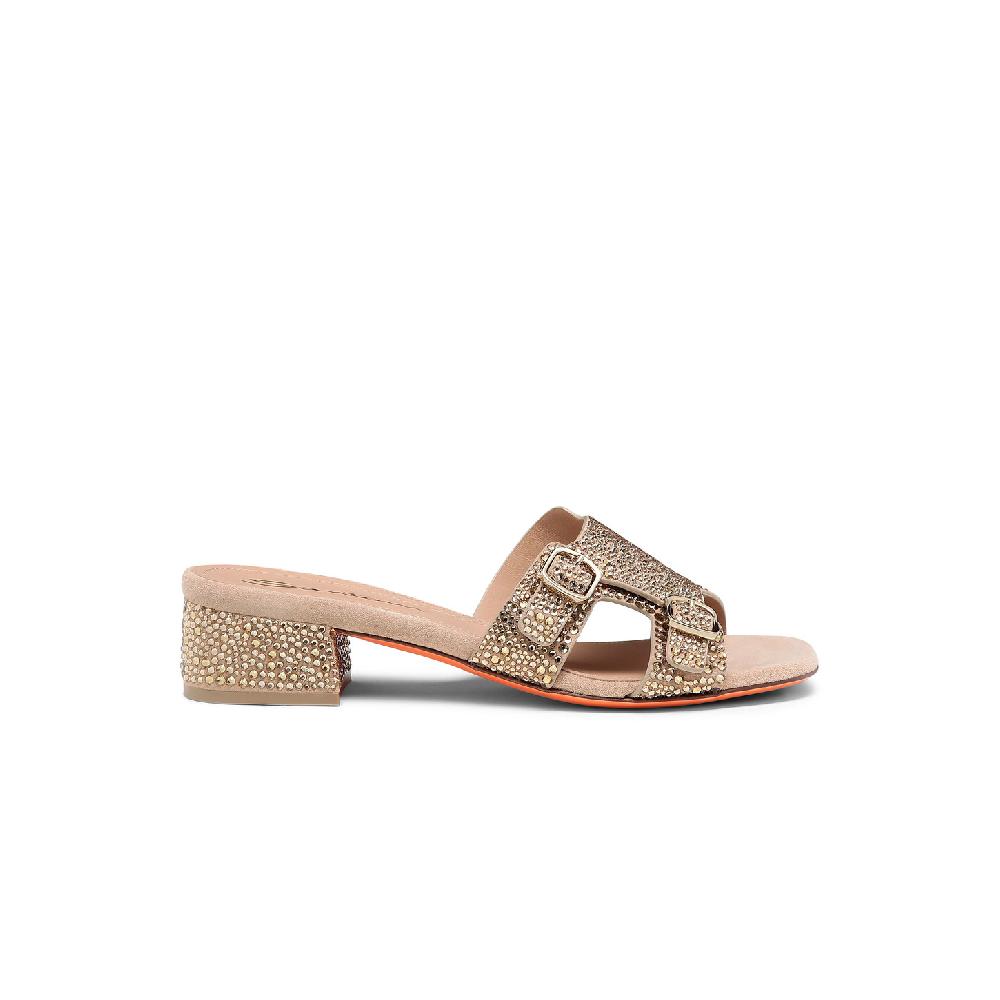 Santoni Sandalo Didi tacco basso da donna in suede e strass oro Outlet