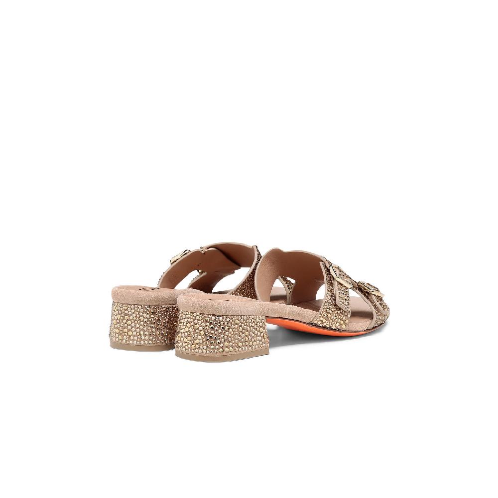Santoni Sandalo Didi tacco basso da donna in suede e strass oro Outlet