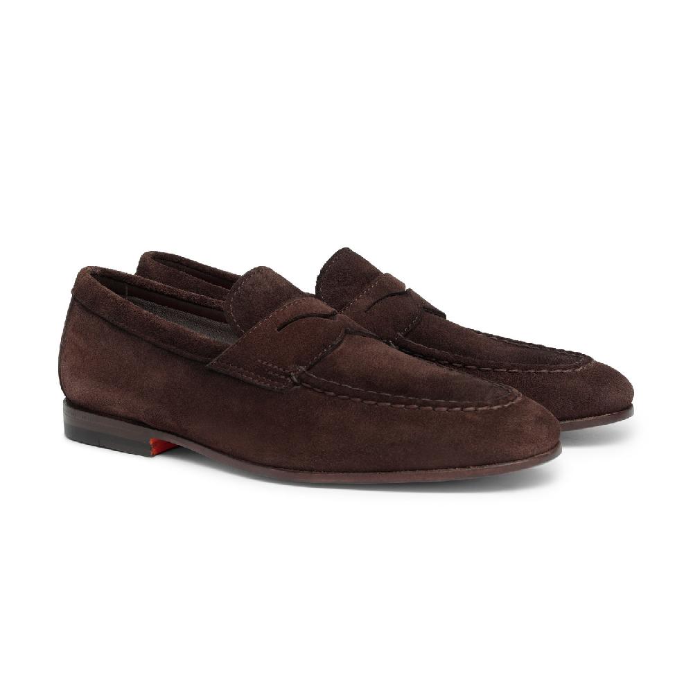 Santoni Mocassino penny da uomo in suede marrone Economico