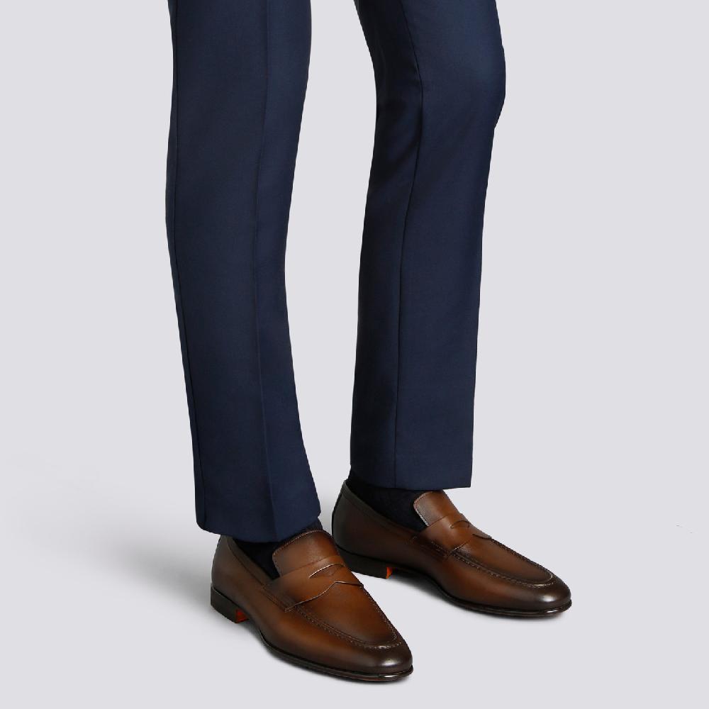 Santoni Mocassino penny da uomo in pelle anticata marrone Outlet