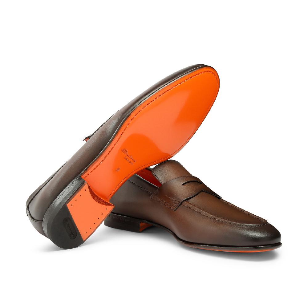 Santoni Mocassino penny da uomo in pelle anticata marrone Outlet