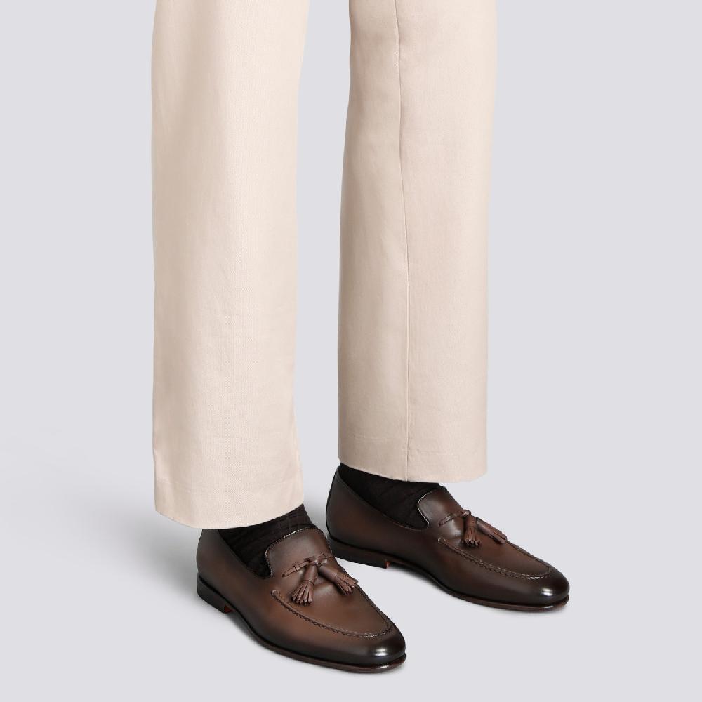 Santoni Mocassino con nappe da uomo in pelle anticata marrone Italy