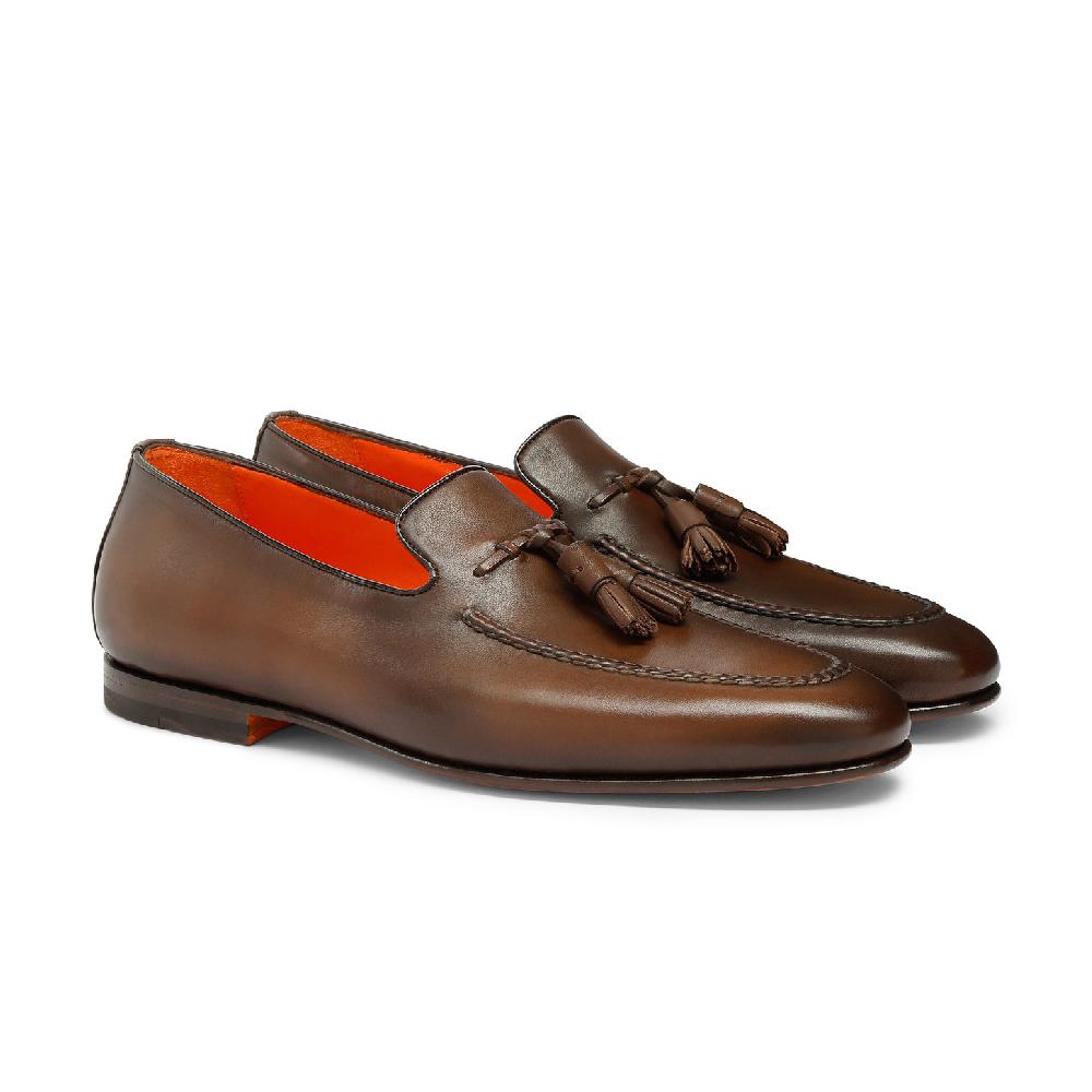 Santoni Mocassino con nappe da uomo in pelle anticata marrone Italy
