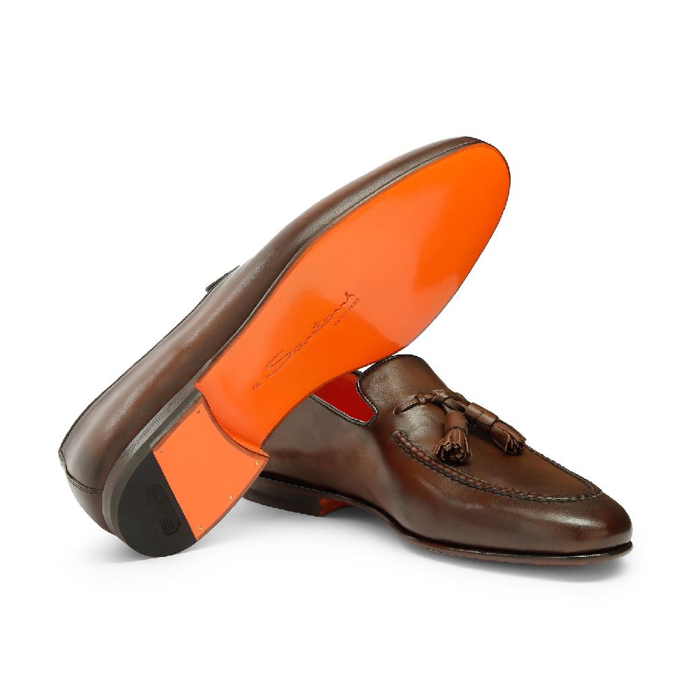 Santoni Mocassino con nappe da uomo in pelle anticata marrone Italy