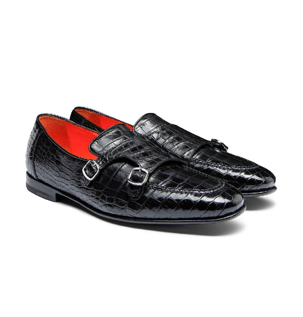 Santoni Mocassino con doppia fibbia da uomo in alligatore nero Moda