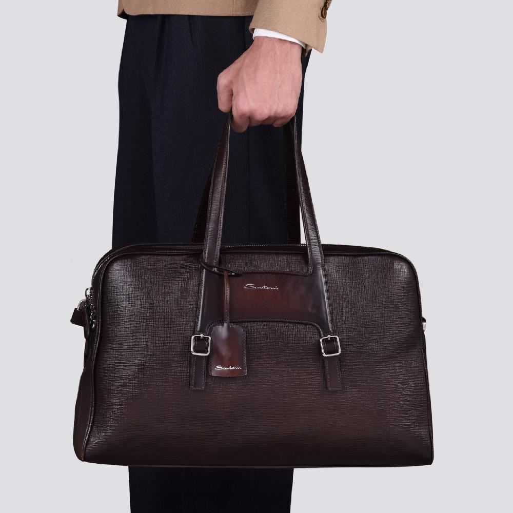 Santoni Borsa da viaggio in pelle stampata marrone In Vendita