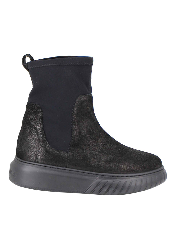 Spatarella Sneakers donna a stivaletto in pelle nera e tessuto elasticizzato in tinta suola in gomma alta Outlet