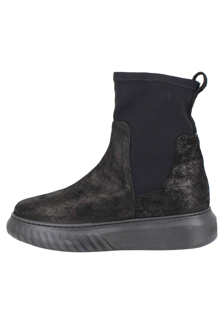 Spatarella Sneakers donna a stivaletto in pelle nera e tessuto elasticizzato in tinta suola in gomma alta Outlet