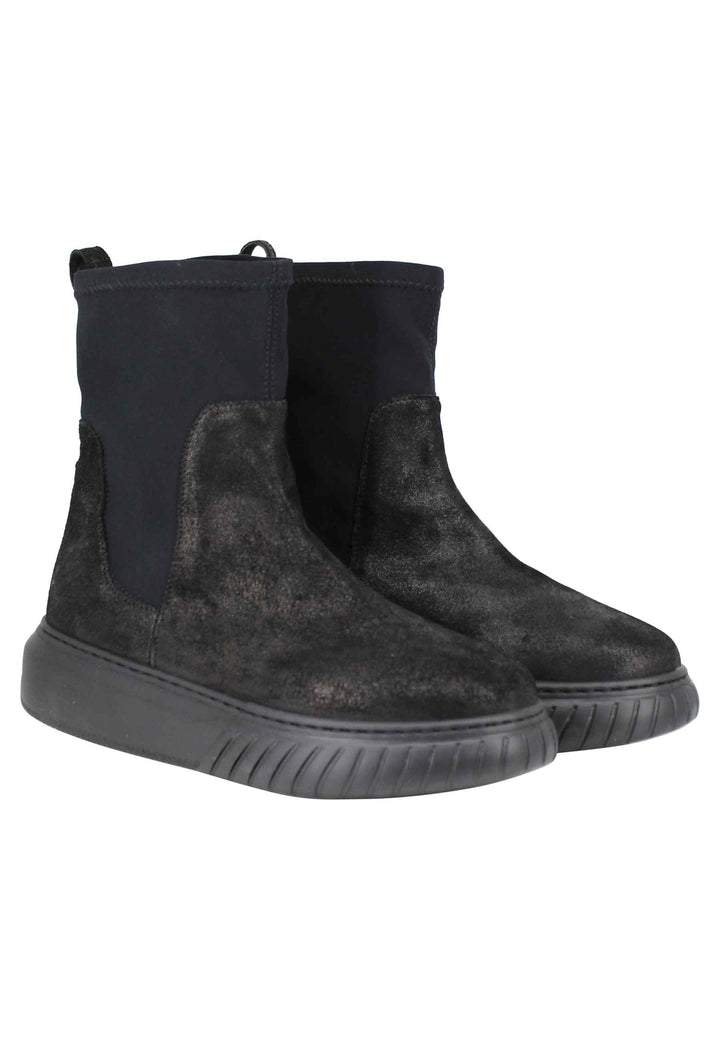 Spatarella Sneakers donna a stivaletto in pelle nera e tessuto elasticizzato in tinta suola in gomma alta Outlet