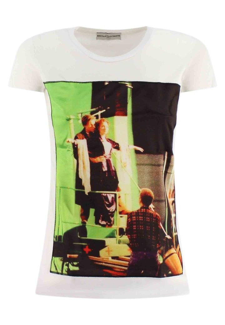 Spatarella T-shirt donna Icons in cotone bianco con stampa in seta In Linea