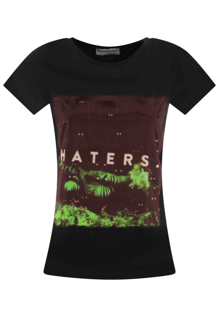 Spatarella T-shirt donna Icons in cotone nero con stampa in seta Nuovo