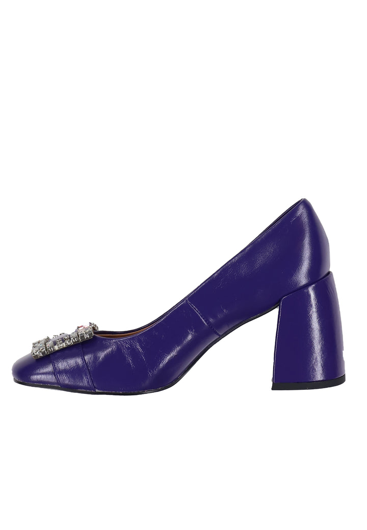 Spatarella Decollete donna in pelle lucida viola con fibbia in strass e tacco alto Adella Pezzi Unici