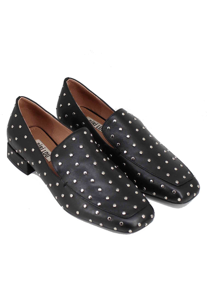 Spatarella Mocassini donna in pelle nera con borchie argento Lillian Consegna Veloce