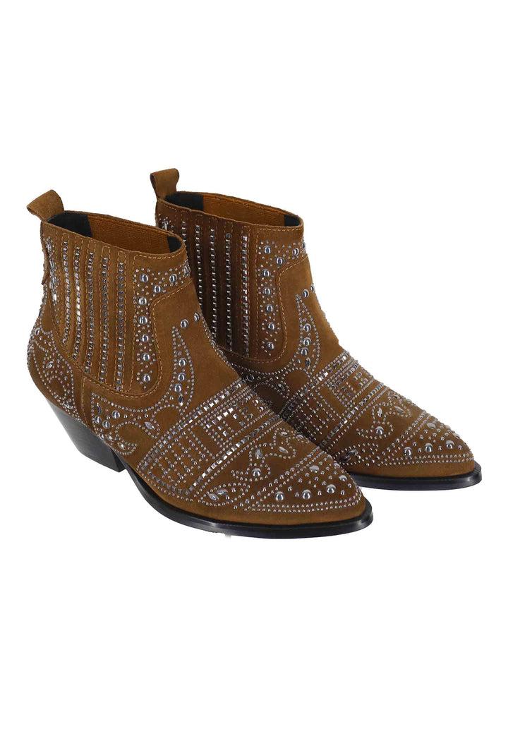 Spatarella Stivaletti texani donna in camoscio cuoio con borchie e tacco basso Soho Novità