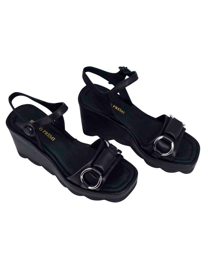Spatarella Sandali donna in pelle nera con zeppa alta e cinturino alla caviglia Offerte esclusive