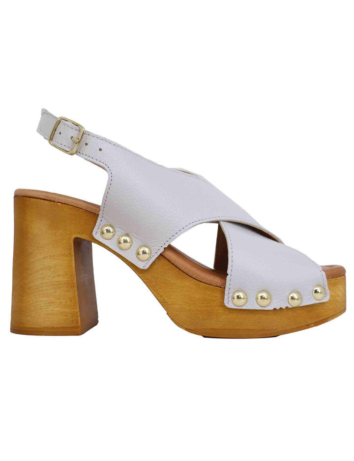 Spatarella Zoccoli slingback donna in pelle bianca con fibbie oro e tacco alto Vendita Calda