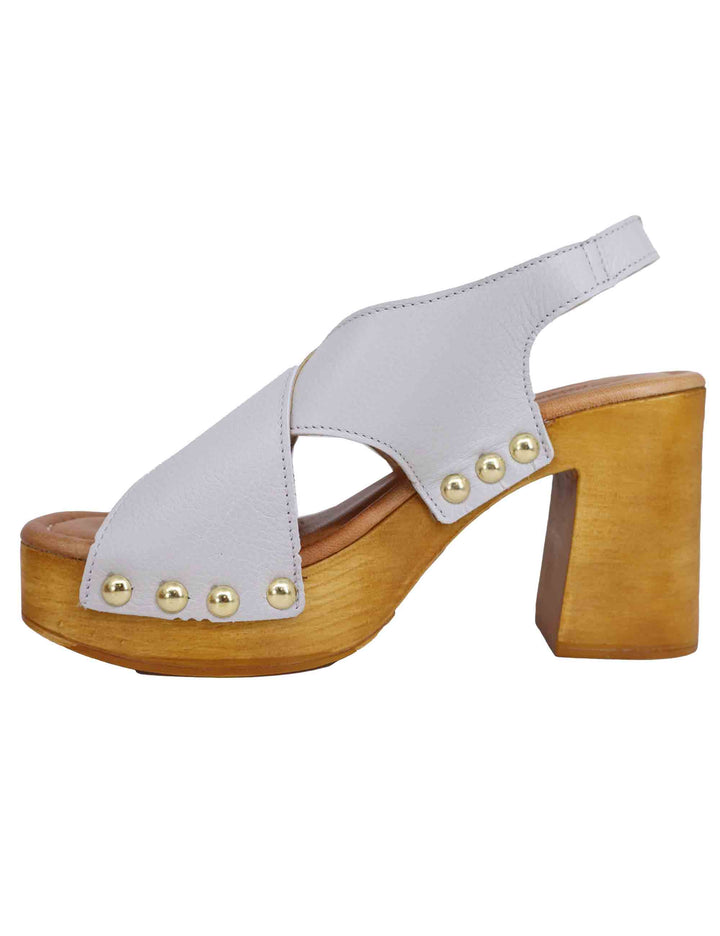 Spatarella Zoccoli slingback donna in pelle bianca con fibbie oro e tacco alto Vendita Calda
