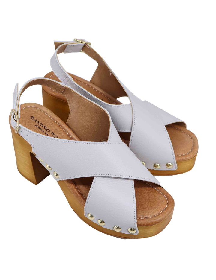 Spatarella Zoccoli slingback donna in pelle bianca con fibbie oro e tacco alto Vendita Calda