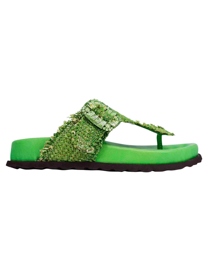 Spatarella Sandali infradito donna in rafia e pelle verde con fussbett alto Vendita Economica