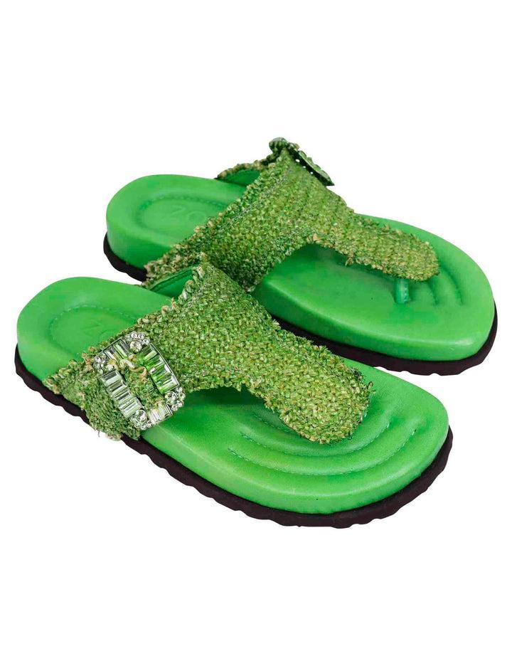 Spatarella Sandali infradito donna in rafia e pelle verde con fussbett alto Vendita Economica