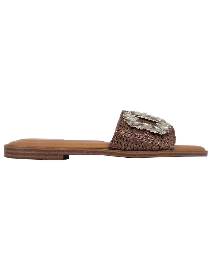 Spatarella Sandali flat donna in tessuto bronzo con fibbia in strass Nuova