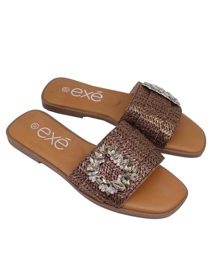 Spatarella Sandali flat donna in tessuto bronzo con fibbia in strass Nuova