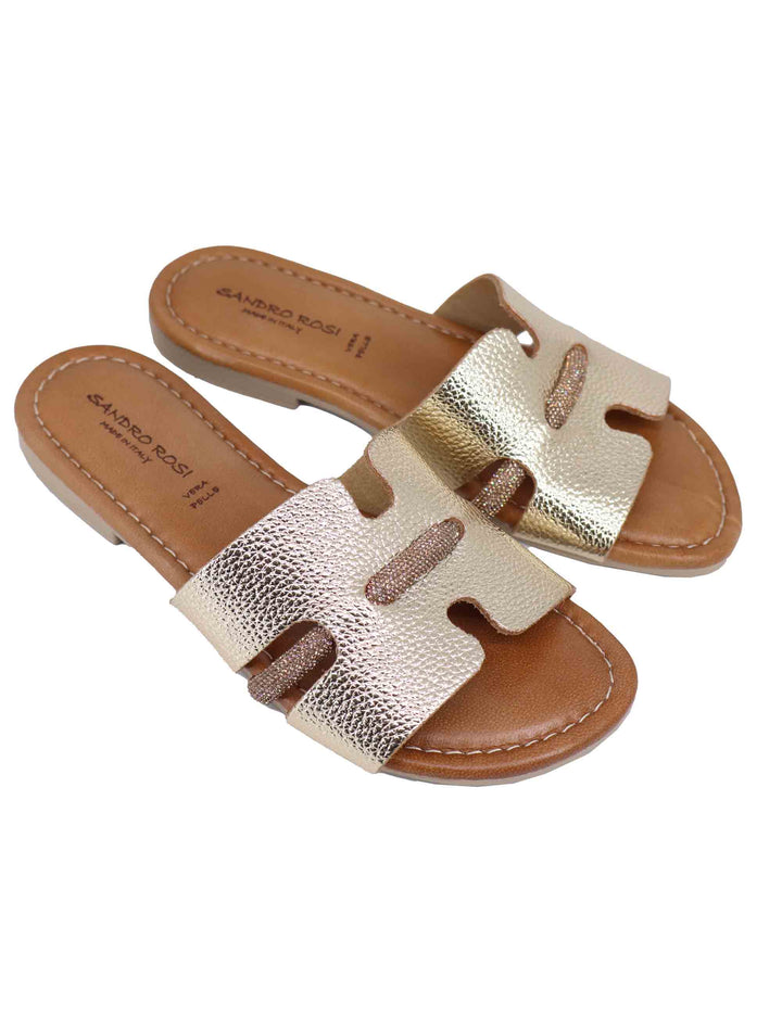 Spatarella Sandali flat donna in pelle laminata platino con stass Moda