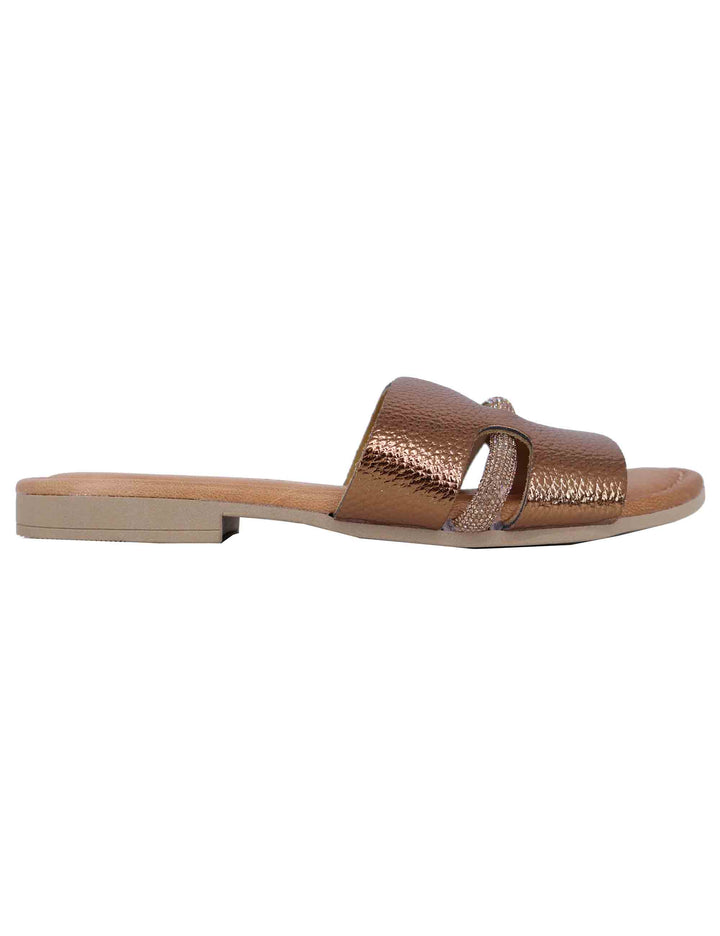 Spatarella Sandali flat donna in pelle laminata bronzo con stass 2025