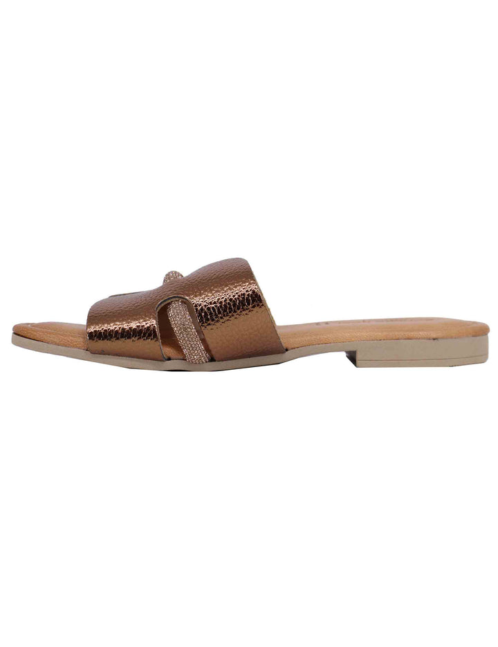 Spatarella Sandali flat donna in pelle laminata bronzo con stass 2025