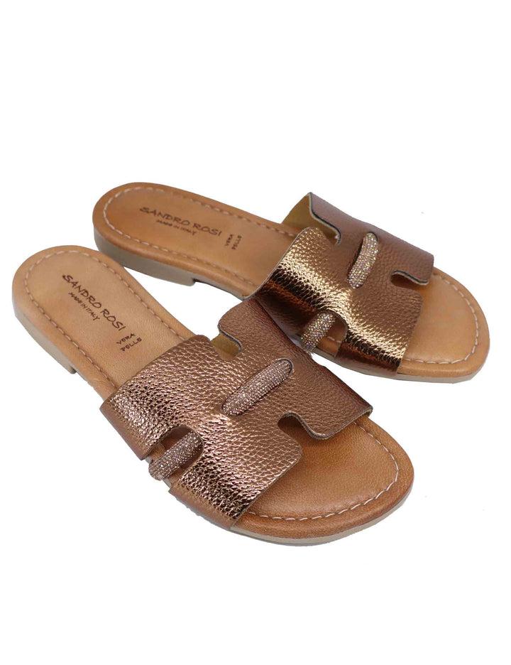 Spatarella Sandali flat donna in pelle laminata bronzo con stass 2025