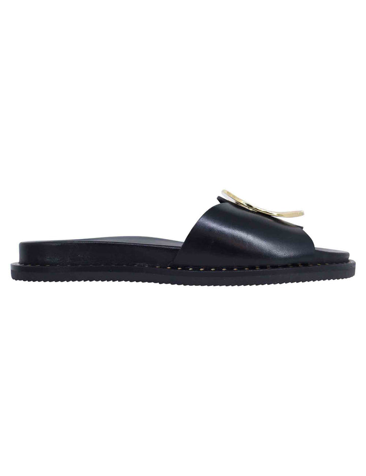 Spatarella Sandali donna flat in pelle nera con fussbett e fibbia in oro Rilascio limitato