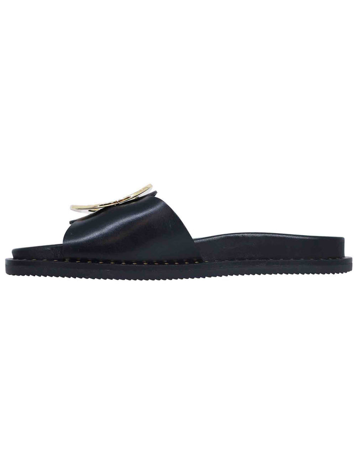 Spatarella Sandali donna flat in pelle nera con fussbett e fibbia in oro Rilascio limitato