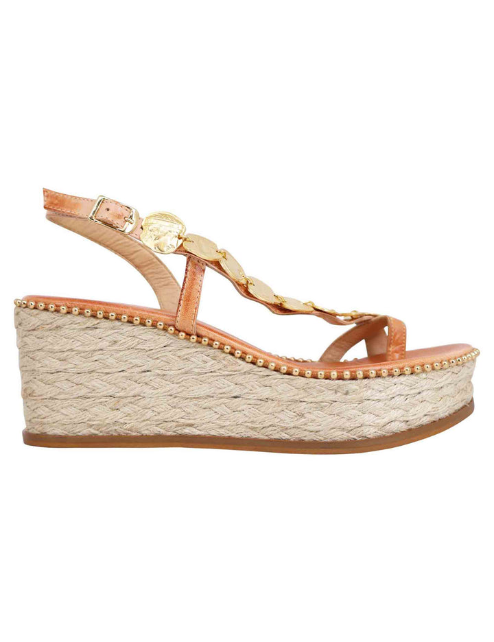 Spatarella Sandali infradito donna in pelle naturale con accessori oro e zeppa in corda In Linea