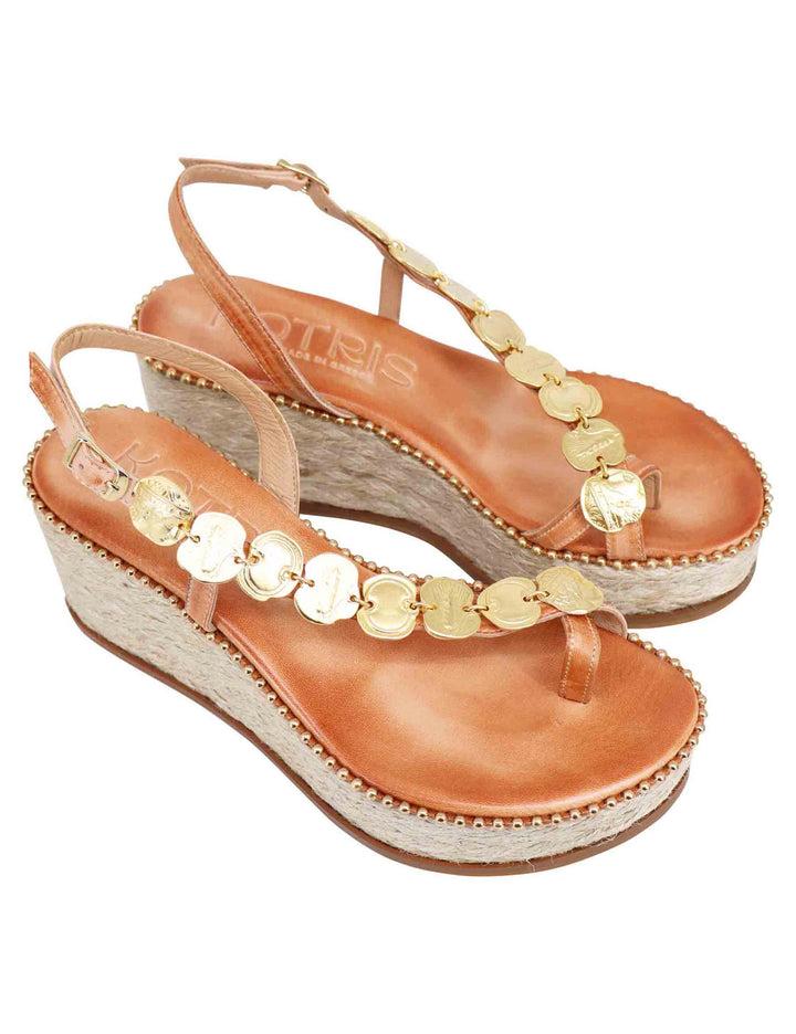 Spatarella Sandali infradito donna in pelle naturale con accessori oro e zeppa in corda In Linea