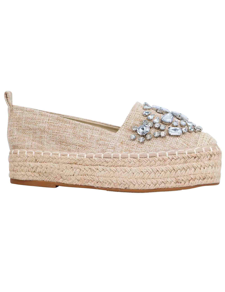Spatarella Espadrillas donna in tessuto beige con strass e suola alta in corda Offerte
