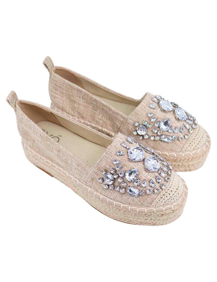 Spatarella Espadrillas donna in tessuto beige con strass e suola alta in corda Offerte