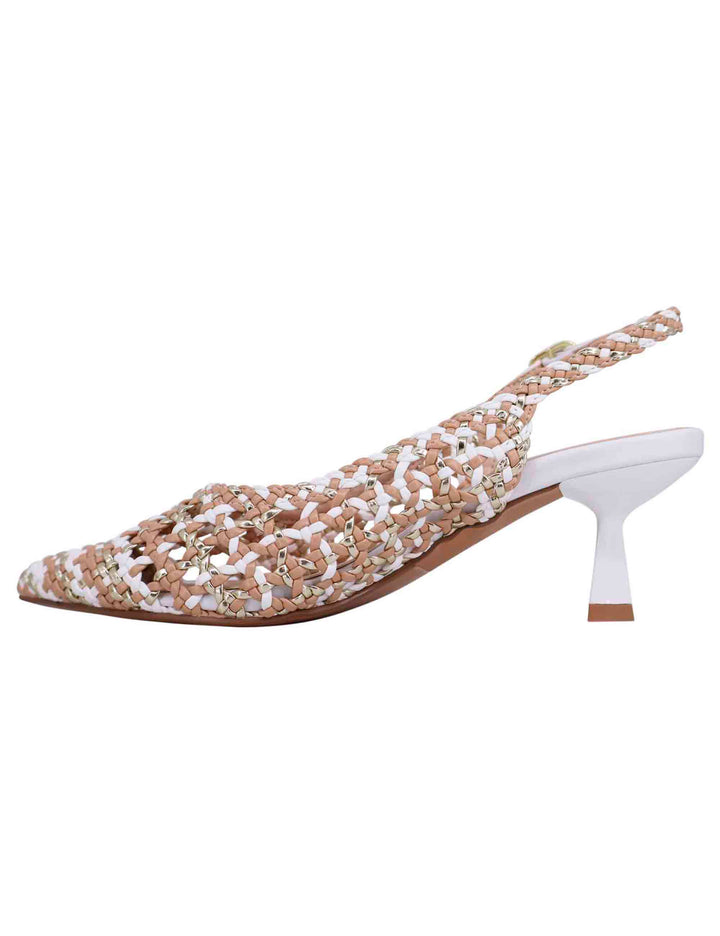 Spatarella Decollete slingback donna in eco pelle laminata bronzo multicolore con tacco bianco Hotsell