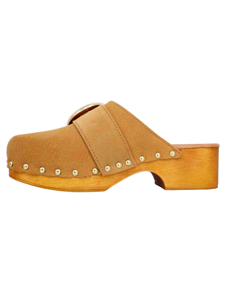 Spatarella Sabot donna in camoscio beige con fibbia laterale e tacco basso in legno Vendita Calda