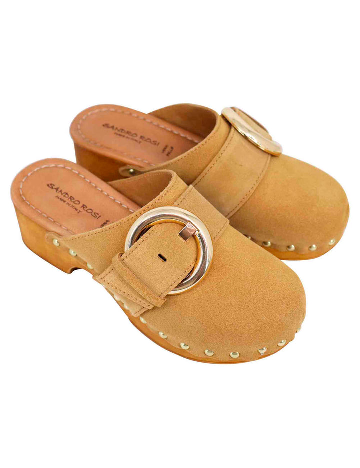 Spatarella Sabot donna in camoscio beige con fibbia laterale e tacco basso in legno Vendita Calda