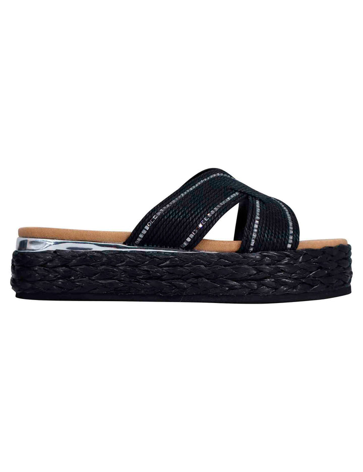 Spatarella Sandali donna in corda nera con rifiniture in argento Vendita Economica