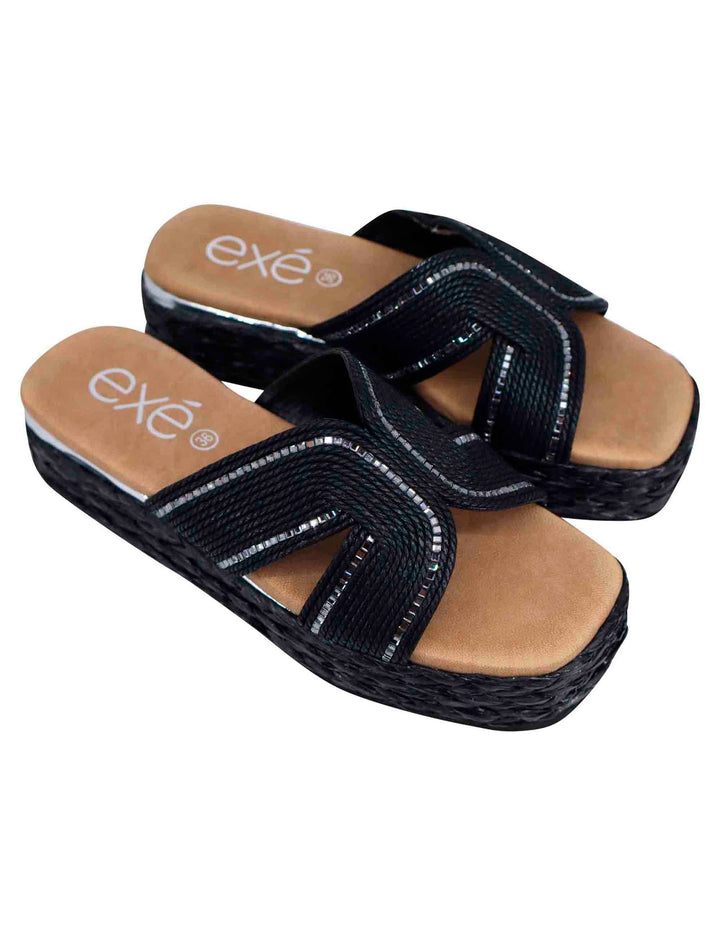 Spatarella Sandali donna in corda nera con rifiniture in argento Vendita Economica