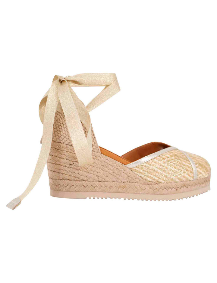 Spatarella Sandali espadrillas donna in tessuto oro e platino con zeppa in corda Vendite Flash