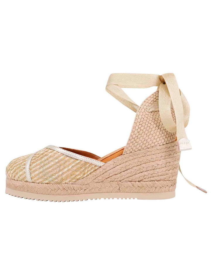 Spatarella Sandali espadrillas donna in tessuto oro e platino con zeppa in corda Vendite Flash